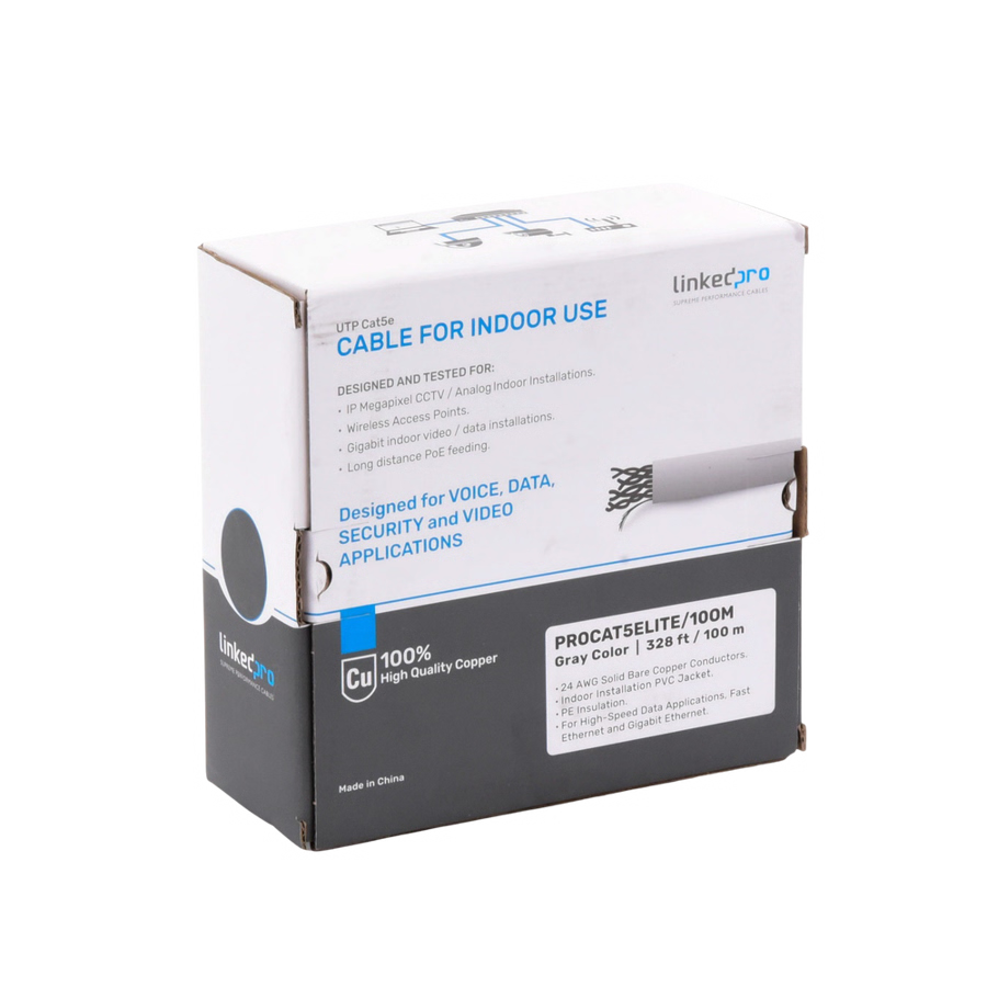 Bobina de Cable de 100m / Cat5e / 24 AWG / Color Gris / Para Aplicaciones en Videovigilancia / Redes de Datos / Uso Interior