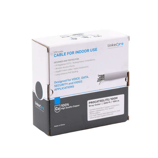 Bobina de Cable de 100m / Cat5e / 24 AWG / Color Gris / Para Aplicaciones en Videovigilancia / Redes de Datos / Uso Interior