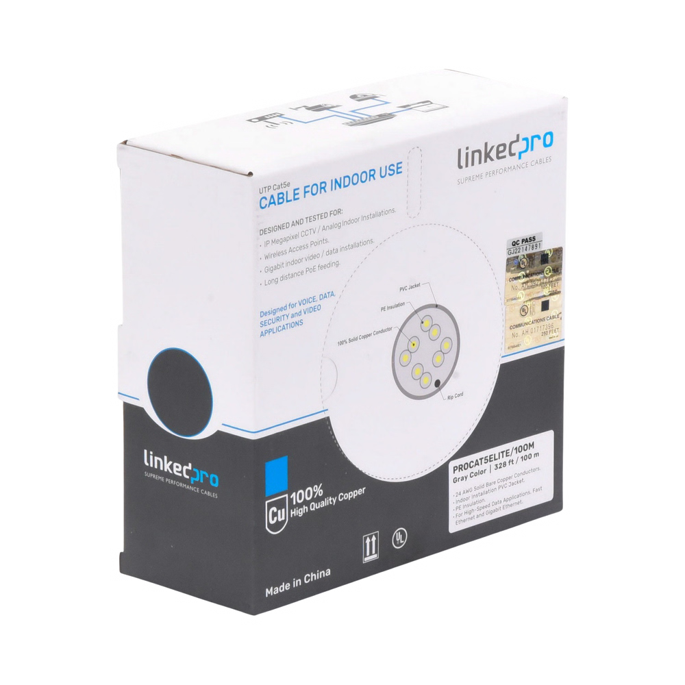 Bobina de Cable de 100m / Cat5e / 24 AWG / Color Gris / Para Aplicaciones en Videovigilancia / Redes de Datos / Uso Interior